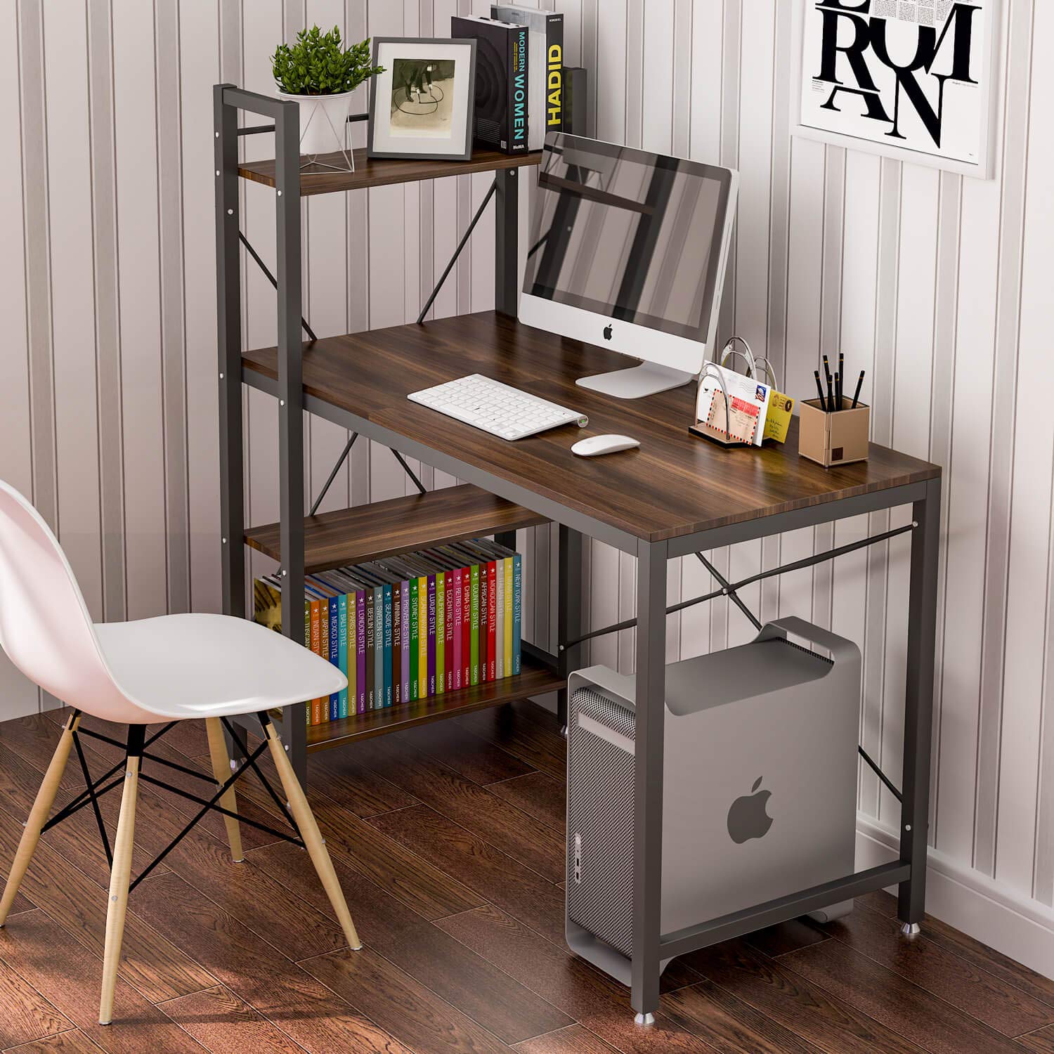 Tower Computer Desk With 4 Tire Shelves 47 6 Inch Writing Study Table With Bookshelves Study Desk Modern Steel Frame Compact Wood Desk Home Office