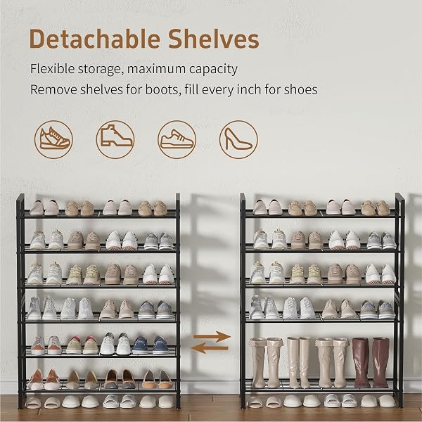 TIFFLOI STACKABLE SHOE RACK, 6 TIER METAL SHOES RACK STORAGE ORGANIZER,LARGE CAPACITY SHOE SHELF MAX HOLDS 30 PAIRS OF SHOES,STURDY AND STABLE, FOR CLOSET, ENTRYWAY,GARAGE，BLACK