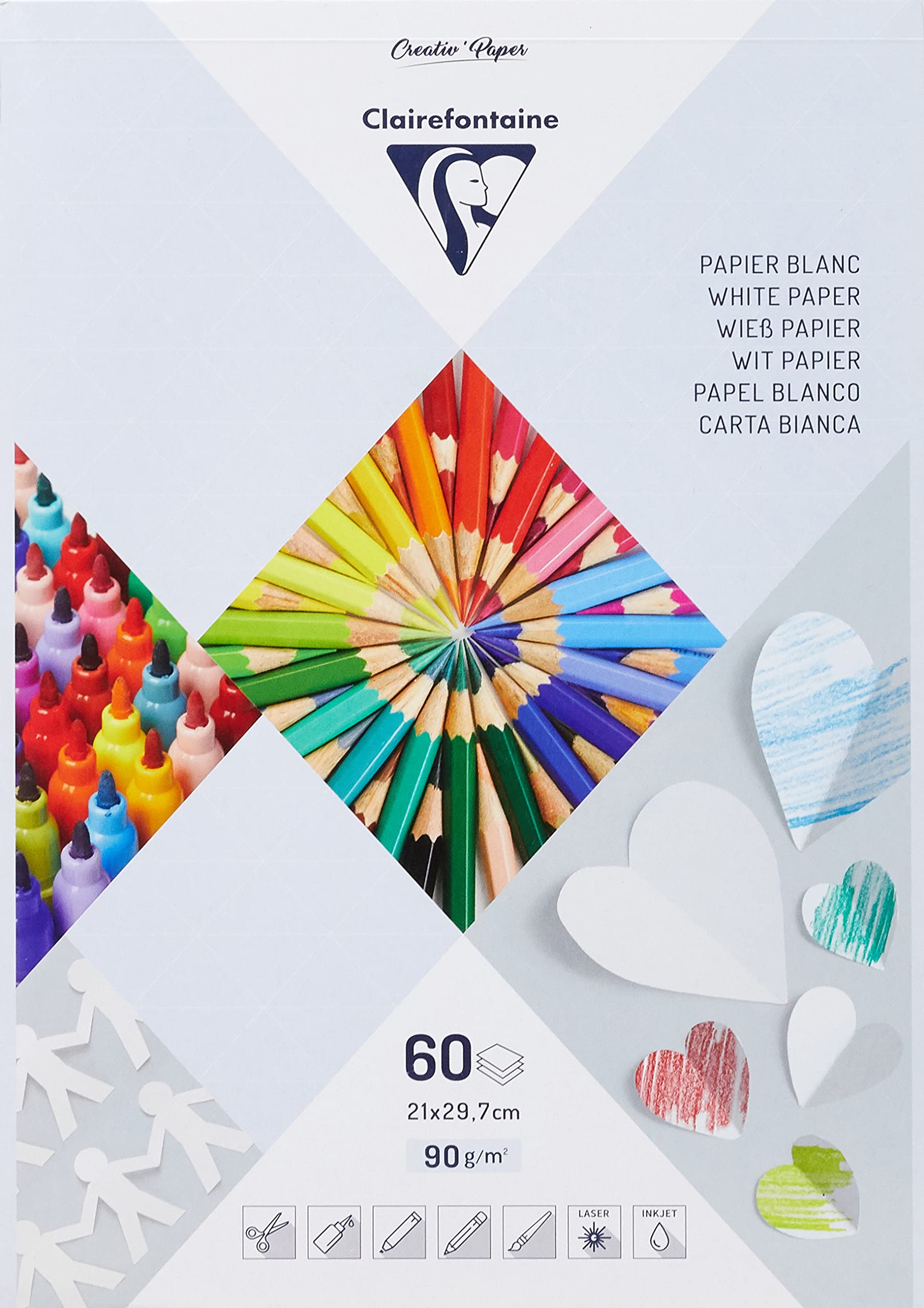 Clairefontaine 97241C Pad of 60 sheets of white paper Format A4 (21x29,7cm) - Paper 90g/m² for Crafts and Drawings - Creative Leisure for Children and Adults