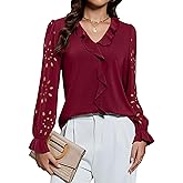 Blooming Jelly Womens Dressy Casual Blouses Business Work Tops Eyelet Long Sleeve Shirts Ruffle V Neck Fall Outfits