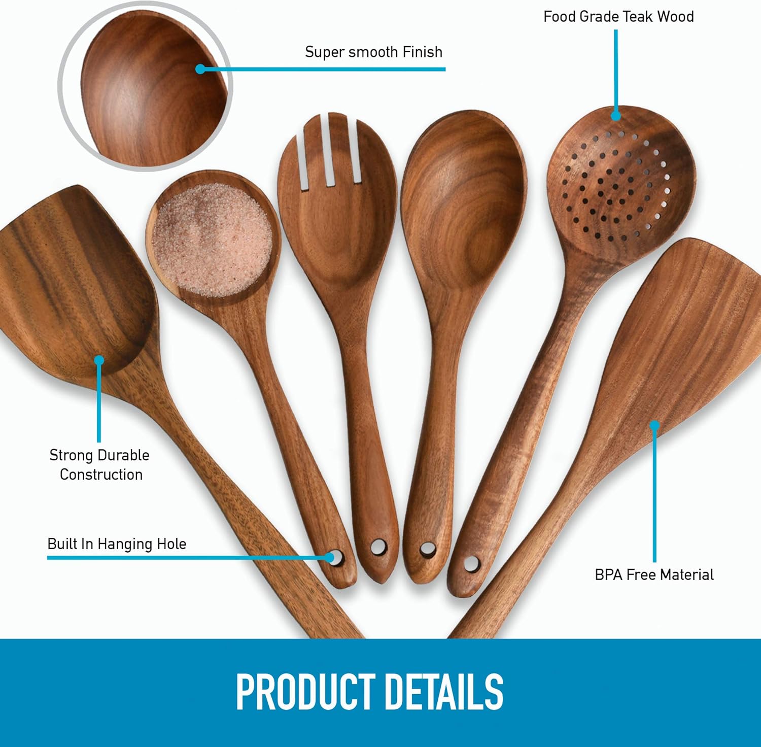Zulay Kitchen (6 Pc Set) Wooden Utensils For Cooking - Non-Stick Soft Comfortable Grip Wooden Cooking Utensils - Smooth Finish Teak Wooden Spoon Sets For Cooking: Kitchen & Dining