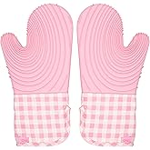 Paris Hilton Oven Mitt Set with Limited Edition Pink Gingham Design, Heat Resistant Pot Holders Featuring Non-Slip Textured Silicone Grips, 2-Piece Set, Pink