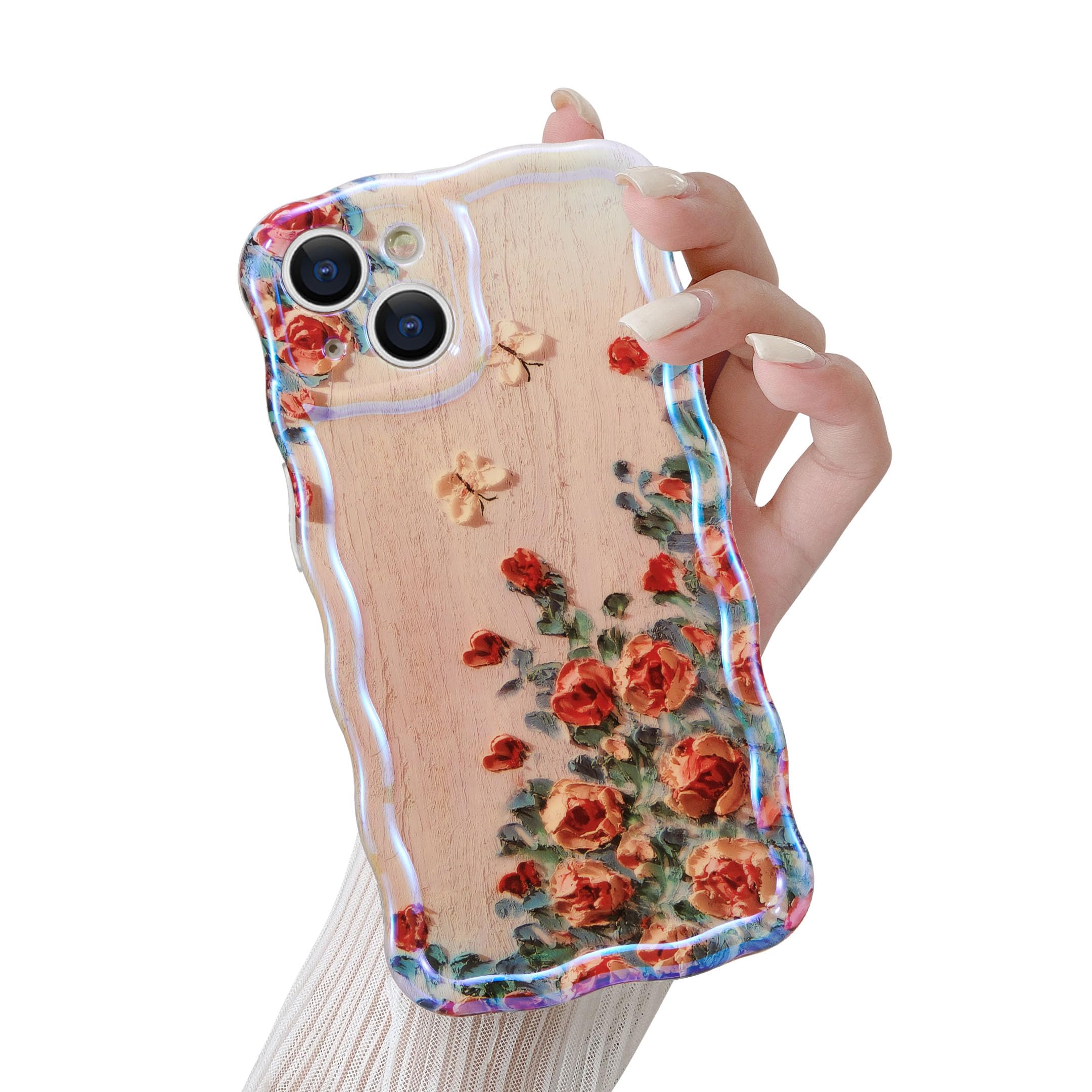 QLTYPRI Case for iPhone 14, Laser Colorful Retro Oil Painting Flower Pattern Cute Curly Wave Frame Exquisite Phone Case for Girls Women, Shockproof TPU Protective Phone Cover for iPhone 14 - Beige