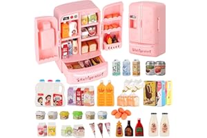 Mini Refrigerator Toy, Fill The Fridge with Ice Cream, Juice & 40+ Mini Food Toys for Dollhouse Accessories & Kitchen Playset