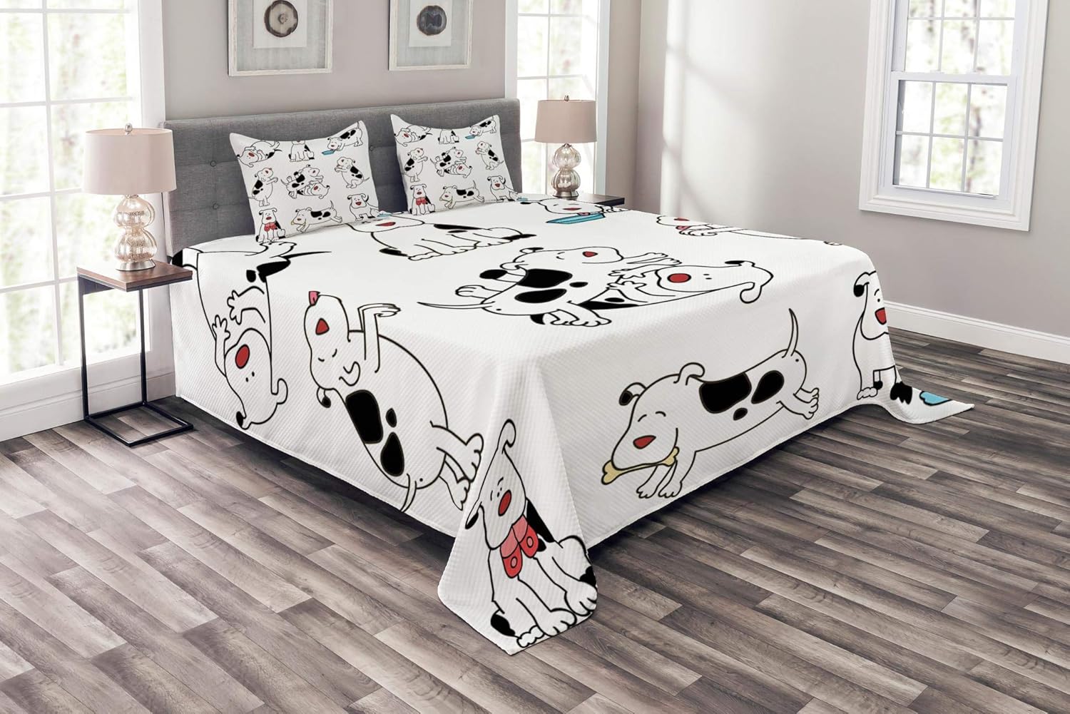 Lunarable Dog Lover Bedspread, Cartoon Dogs Childhood Dachshund Joy Expression Eating Happy Playing Enjoying, Decorative Quilted 3 Piece Coverlet Set with 2 Pillow Shams, Queen Size, Black White