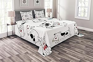 Lunarable Dog Lover Bedspread, Cartoon Dogs Childhood Dachshund Joy Expression Eating Happy Playing Enjoying, Decorative Quilted 3 Piece Coverlet Set with 2 Pillow Shams, Queen Size, Black White