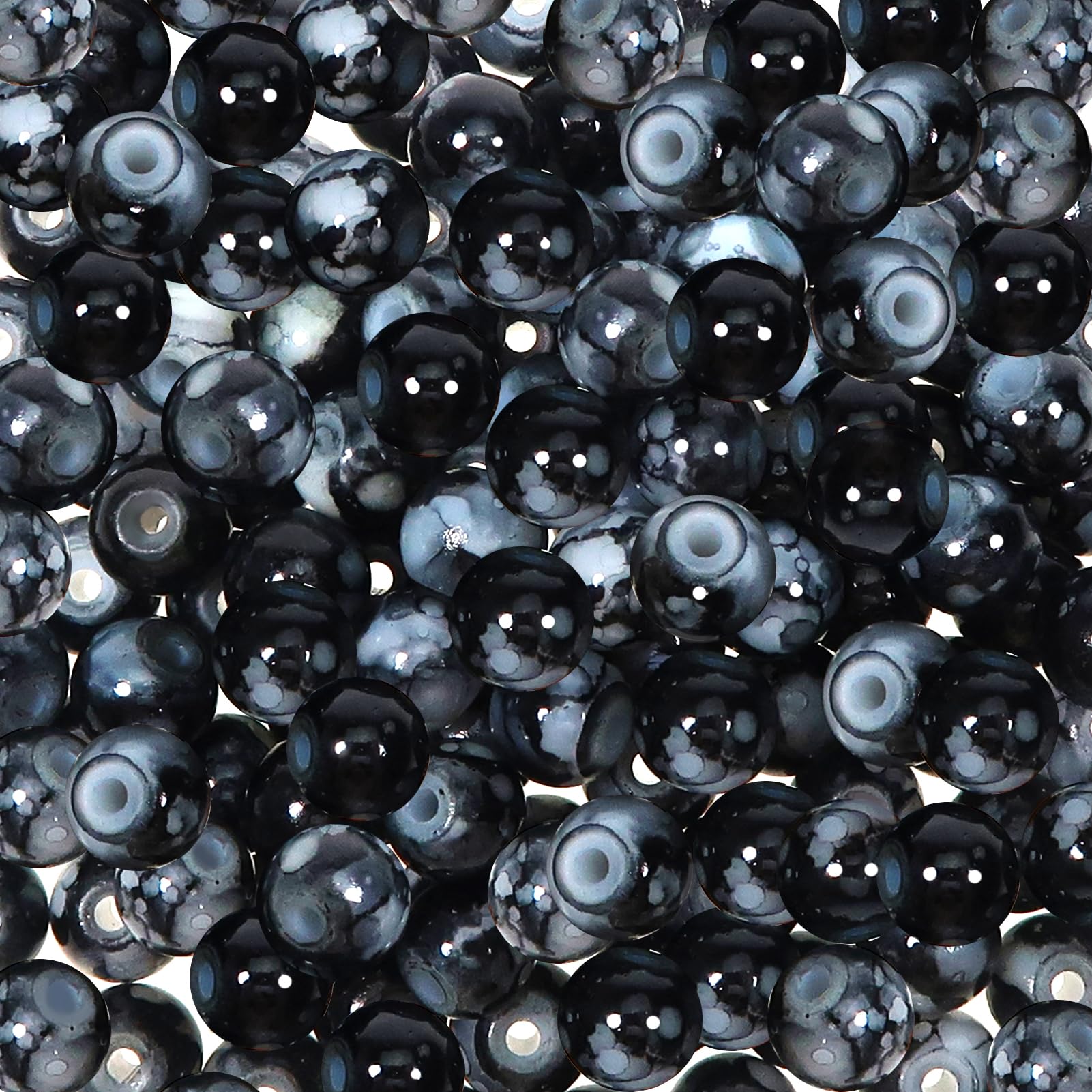 TOAOB Pack of 100 8 mm Crackle Glass Beads Black Round Marble Effect Loose Beads Natural Craft Beads for DIY Bracelets Necklaces Jewellery Making