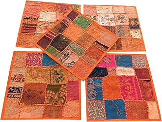 5 Ethnic Orange Cushion Cover Patchwork Sequin Cotton Square Pillow Cases 16x16