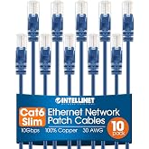 Intellinet Cat6 Slim UTP Ethernet Patch Cable 10-Pack, 1 ft, Blue | 10G 250 MHz pure copper thin cord with 30 AWG stranded wire, gold contacts, snag-free boot, PoE and rack use, resealable bag
