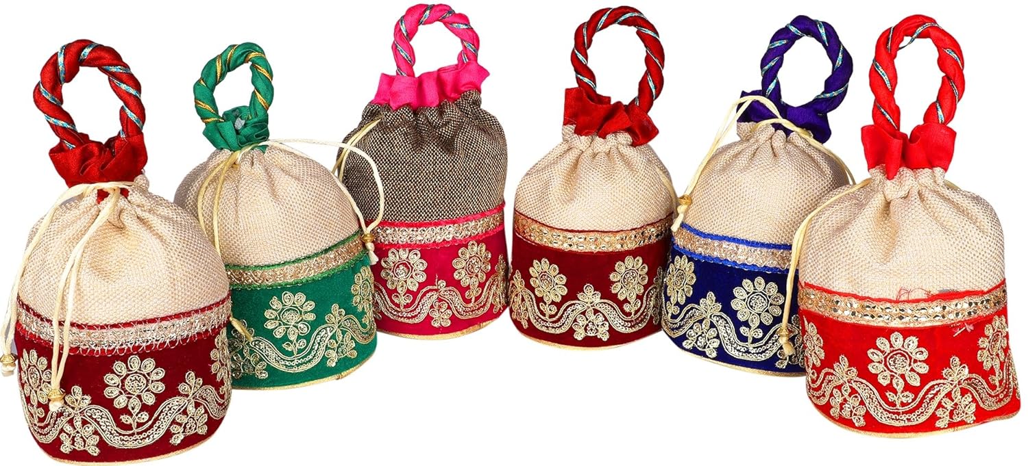 bombay haat jute and velvet women's potlis(off white) - set of 6
