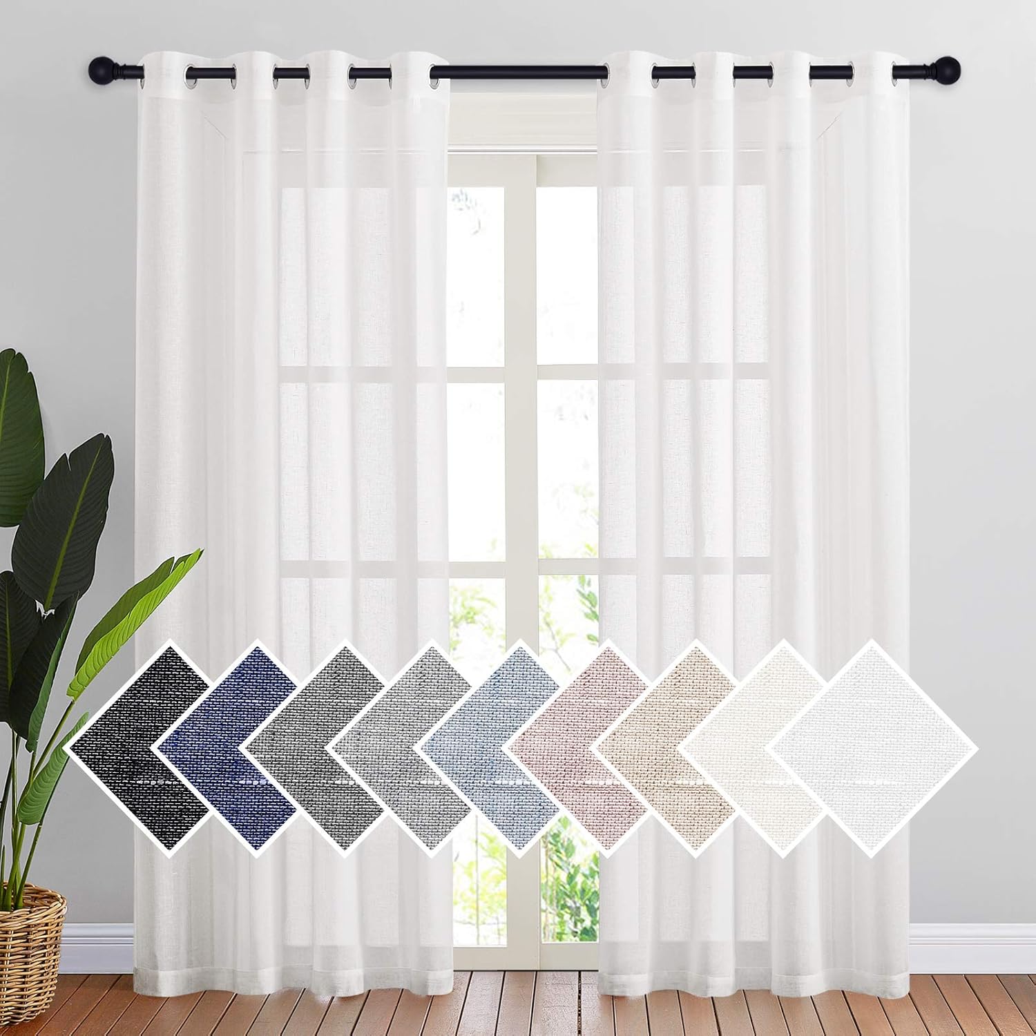 Outdoor Curtains - NICETOWN White Linen Sheer Outdoor Curtains for Patio Waterproof, Rustproof Grommet Thick Privacy Flax Semi Sheer Indoor Outdoor Drapes with Light Filtering for Pergola, W52 x L84, 1 Pair+Tiebacks
