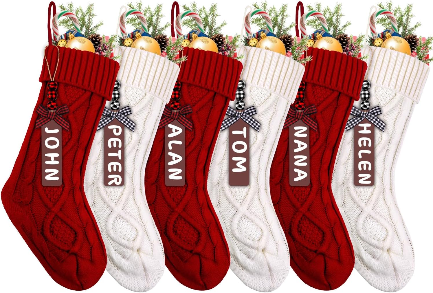 Stockings & Holders - XIMISHOP 6pack Christmas Stockings, 18inch Large Personalized Cable Knitted Xmas Hanging Stocking Decorations with Name Tags for Holiday Christmas Party Family Decor (Red and White)
