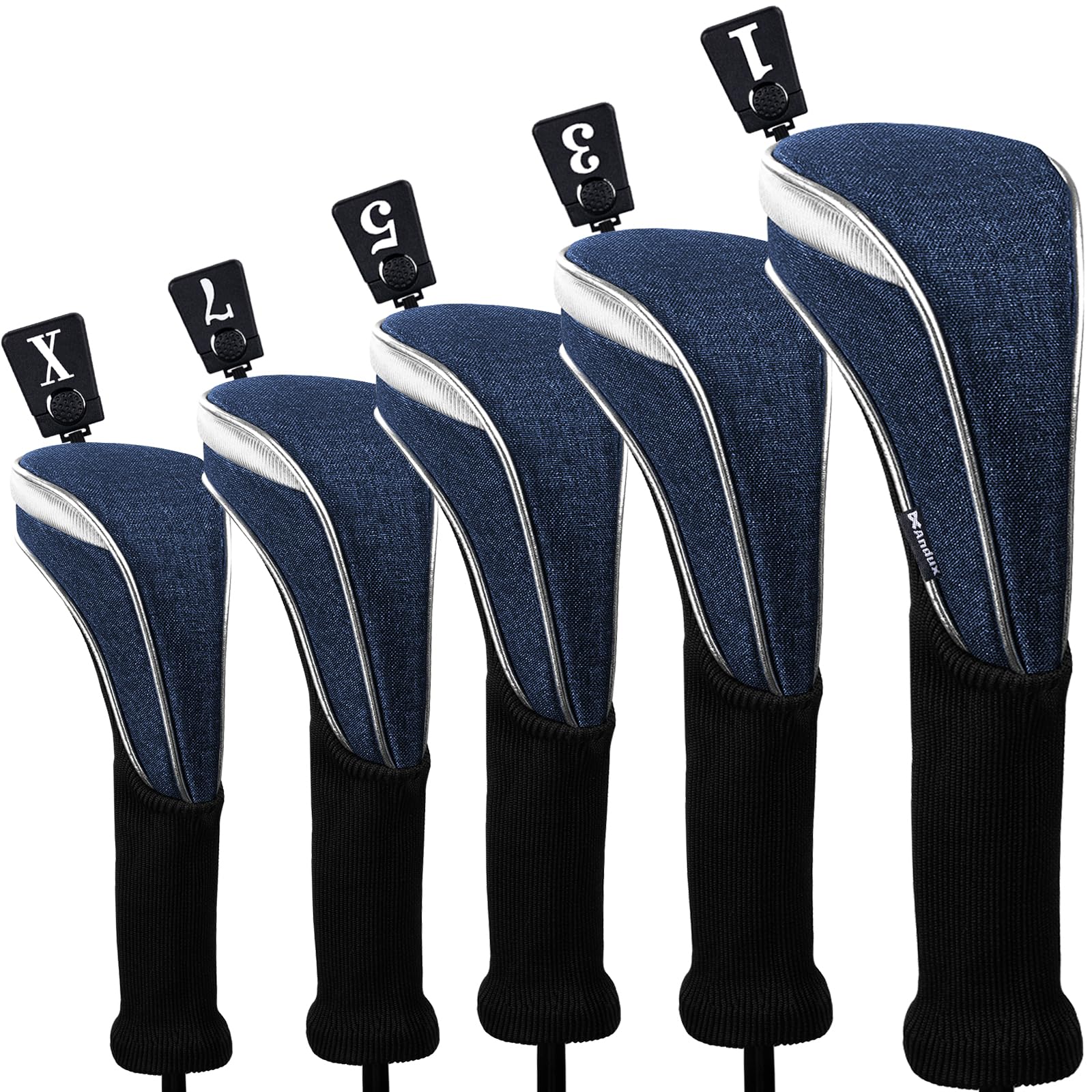 Andux 5pcs/Set Nylon Golf Wood Club Head Covers 460cc Driver Covers Long Neck Blue