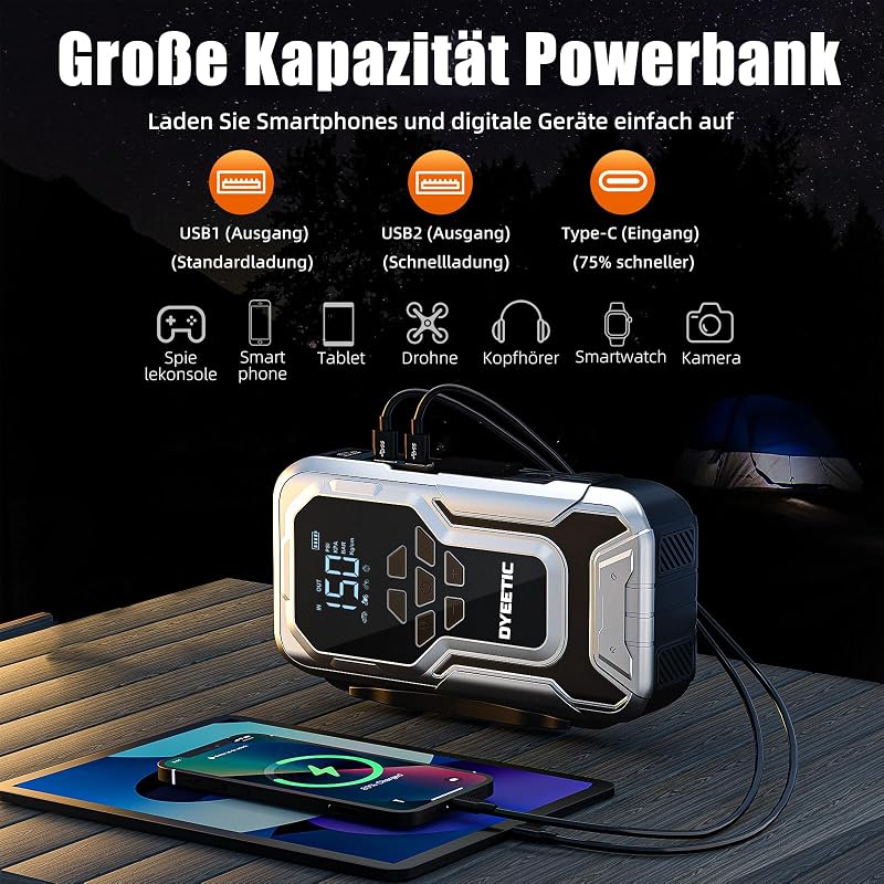 8000A Starthilfe Powerbank mit Kompressor 150PSI, Starthilfegerät 88.8Wh