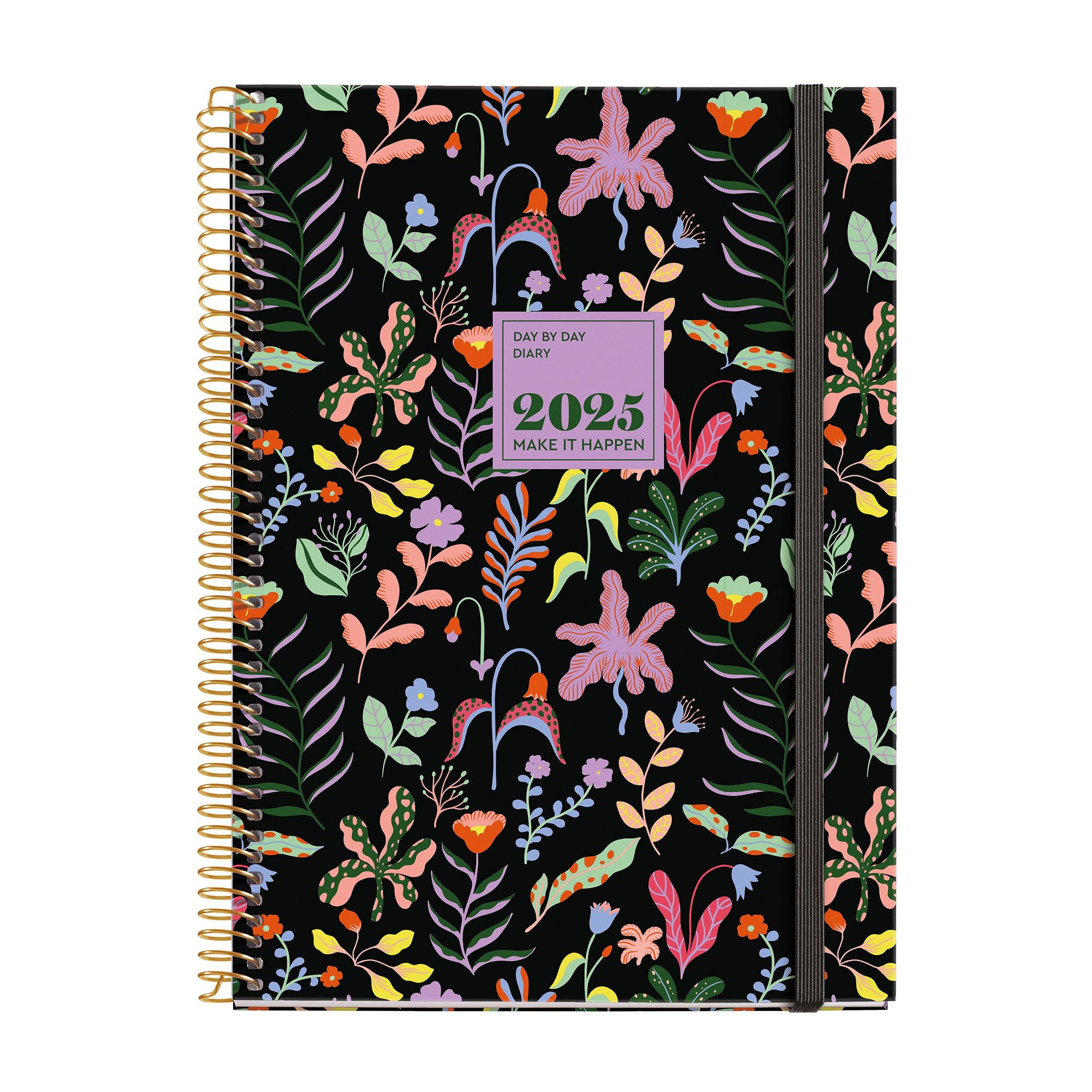 Miquelrius - 2025 Diary, Yearly Agenda 155 x 213 mm, Day Page Agenda, Laminated Cardboard Cover, Spiral, Elastic Closure, Paper 80 g/m², Catalan, English and Portuguese, Fantasy Garden