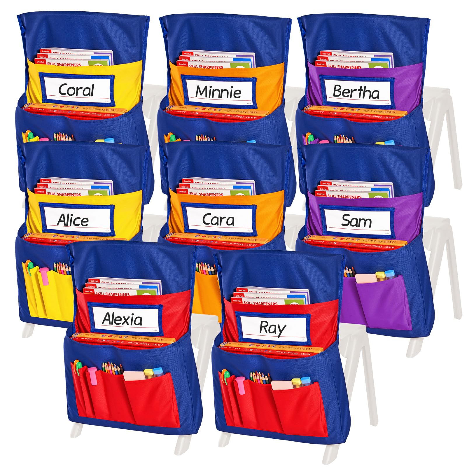 Photo 1 of JoyCat Student Chair Pockets for Classrooms with Name Tags,School Seat Storage Covers Chairback Buddy Pocket Chart for Class Desk Organizer,Seat Sacks for Classroom Chairs k-2 (8)