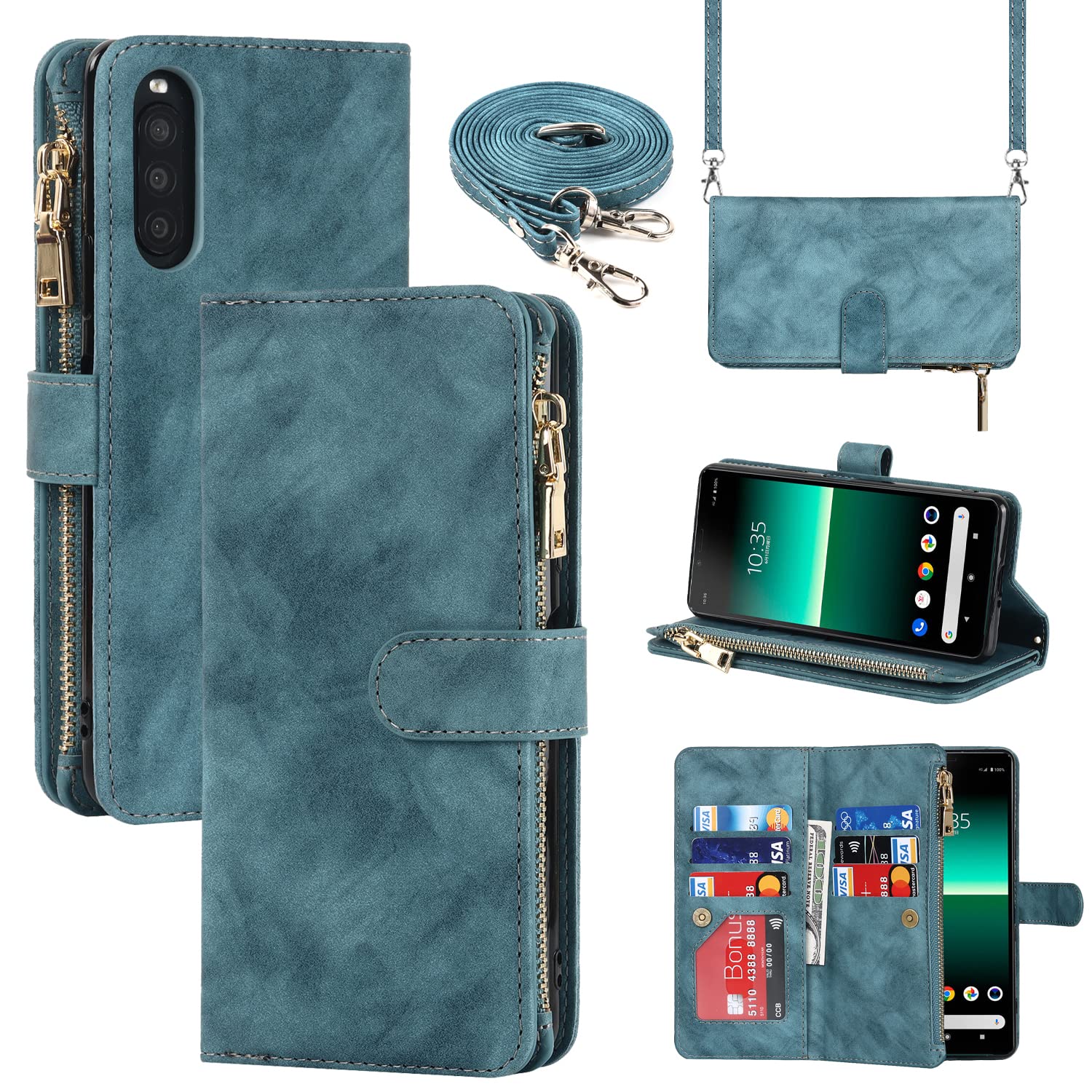 Cavor Phone Case Compatible with Sony Xperia 10 II Case With Card Holder With Strap,Flip Leather Wallet Case,[9 Card Holders][Zipper Pocket],Crossbody Cover Case for women - Light Blue