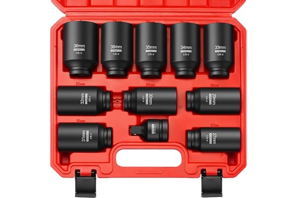 ZOMIYU 1/2" Drive Socket Set, Metric Impact Socket Set (27 29 30 31 32 33 34 35 36 38mm), 6 Point Deep Impact Sockets with 3/