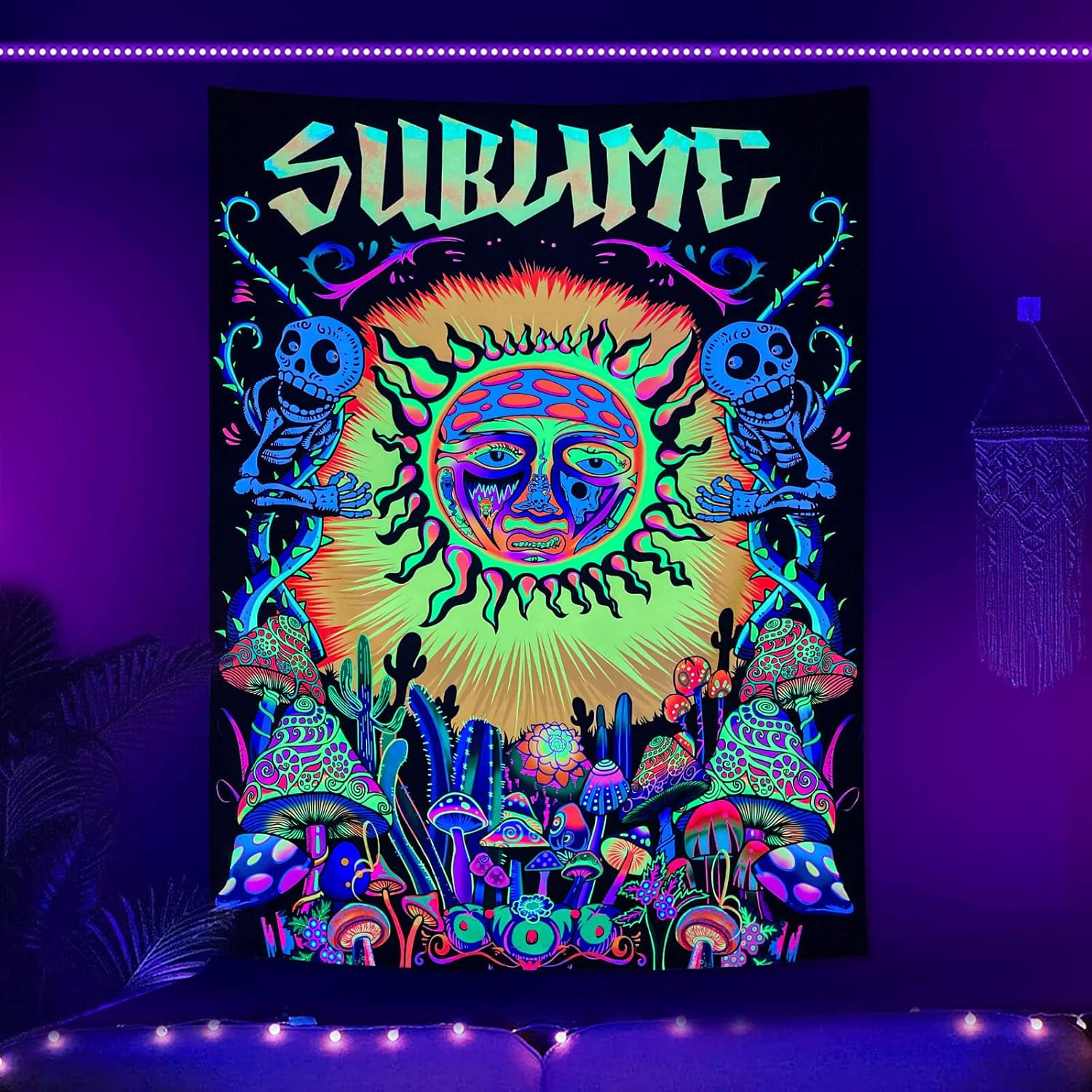 Tapestries - Lifeel Sun Blacklight Tapestry Wall Hanging, Hippie Vertical Colorful Tapestries With Mushroom Cactus for Bedroom Home UV Reactive Decor 36×48 inch