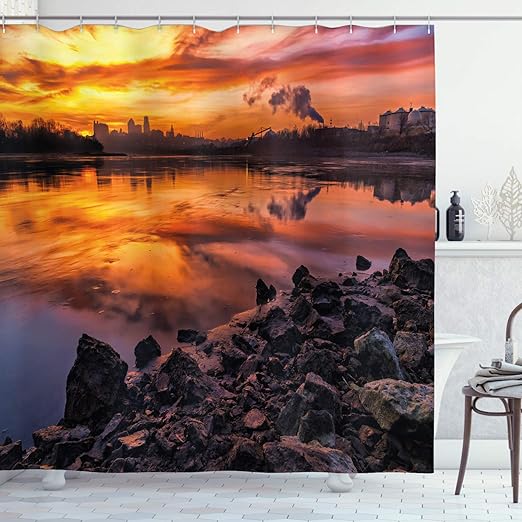 Amazon Com Ambesonne Landscape Shower Curtain Usa Missouri Kansas City Scenery Of A Sunset Lake Nature Camping Themed Art Photo Cloth Fabric Bathroom Decor Set With Hooks 70 Long Salmon Orange Home