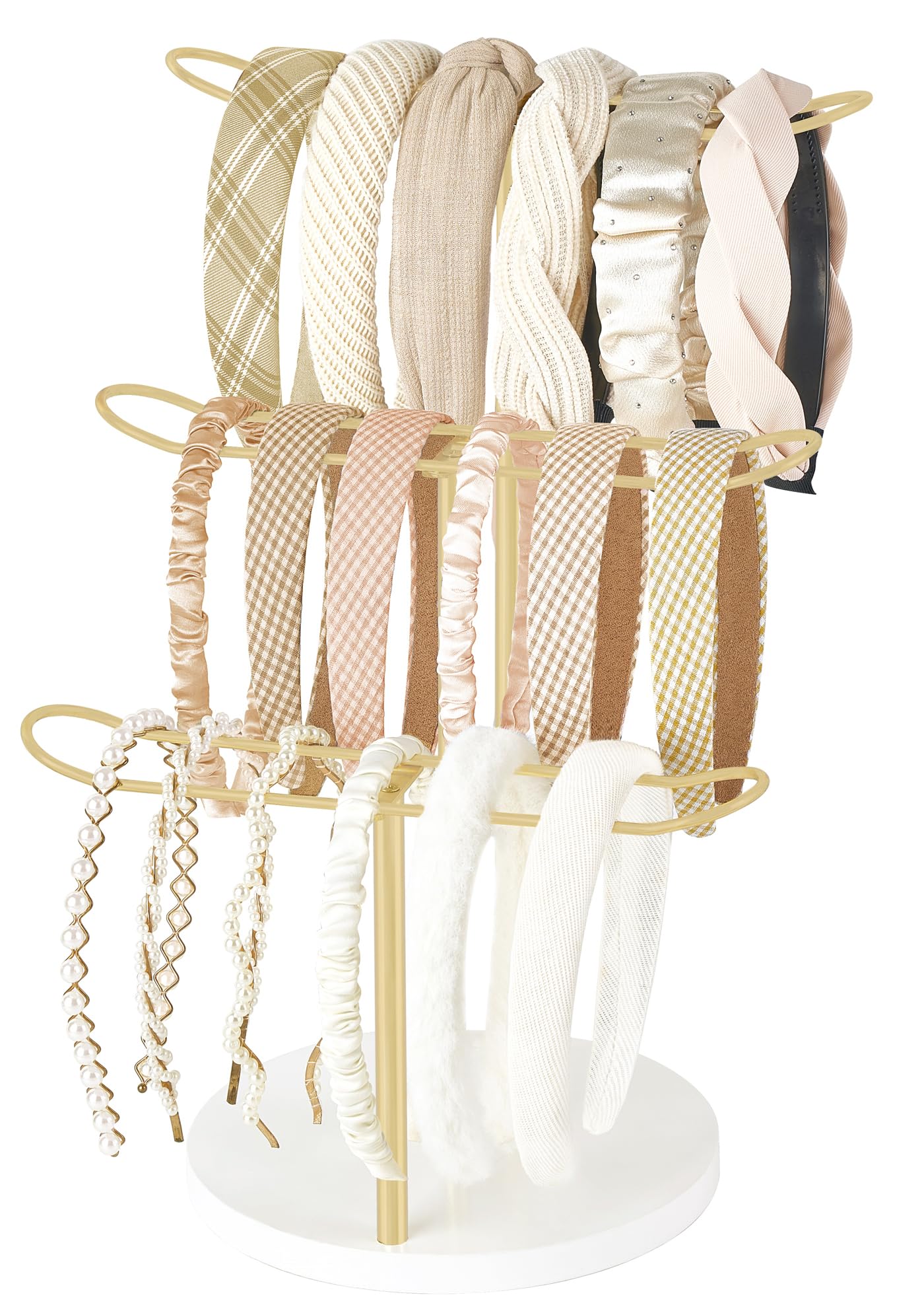 Photo 1 of Dahey Headband Holder Organizer Metal 3-Tier Hair Hoop Display Stand Headband Organizer Storage Hair Ropes Accessories Bracelets Bangles Bedroom College Dorm Decor for Girls Women, Gold
