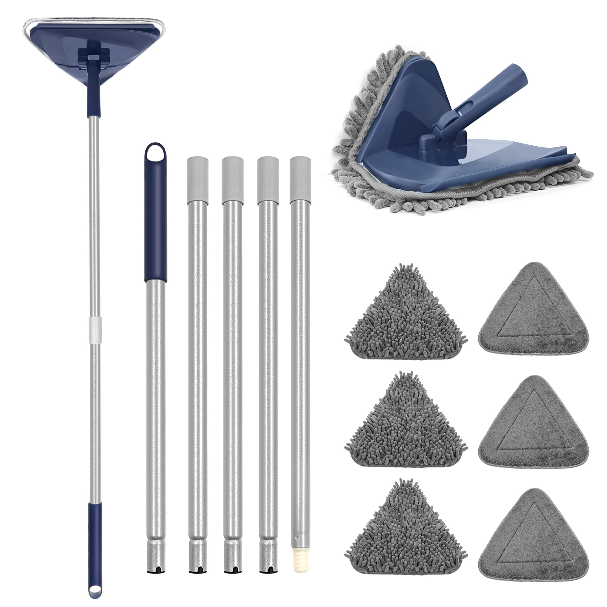 ZUBULUN Wall Mop with 82 Inches Long Handle, 360 Degree Rotating Microfiber Triangle Baseboard Cleaner Tool Duster with Window Squeegee for Cleaning Painted Wall, Ceiling, Floor, 6 Replacement Pads