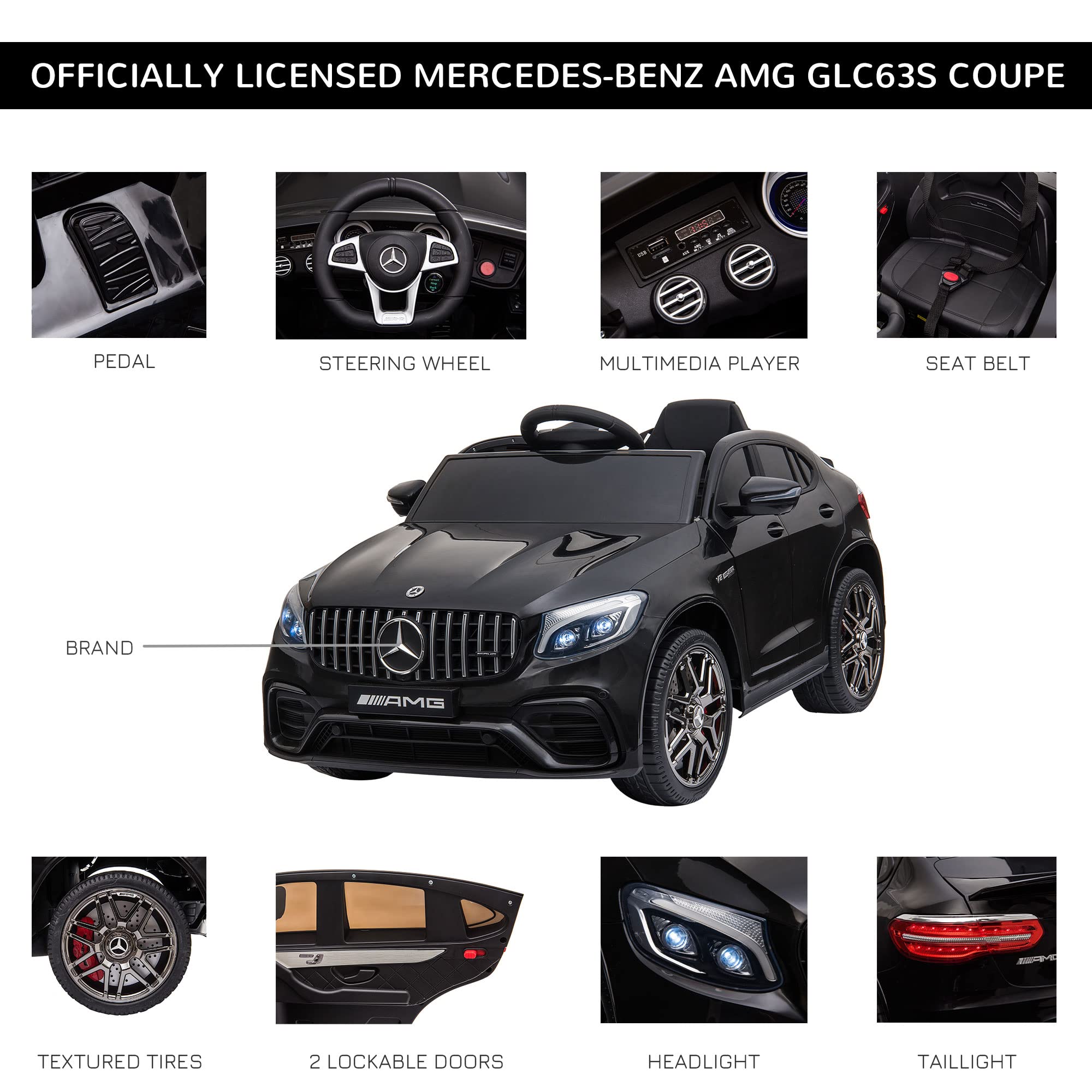 Aosom 12V Toddler Ride On Car with Remote Control, Mercedes Benz AMG GLC63S Coupe, Electric Car with 2 Speed, MP3 Player, Light, Horn, Songs, Suspension, Black