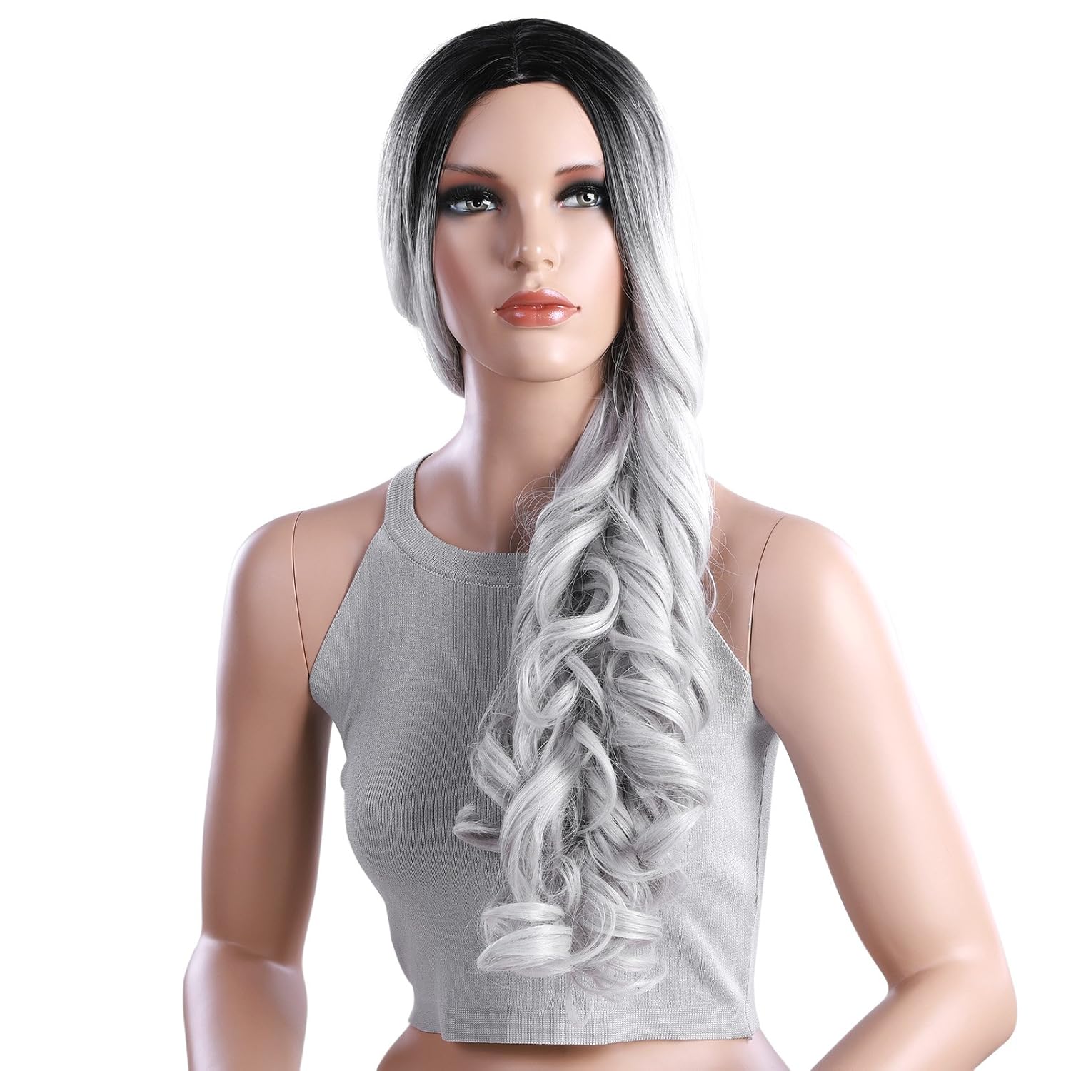 SONGMICS Perücke ombre grau Wig Mittelscheitel lang lockig voll synthetische Haare Haarersatz für Damen party cosplay 66 cm WWG02BG Amazon Beauty