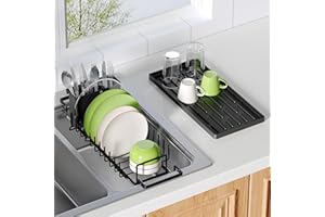 Dish Drying Rack Over the Sink Expandable In Small Black Drainer Dry for Kitchen Counter, Metal Stainless Steel Compact Dishes Drain with Tray, Space Saving Extendable Modern Plate Strainer Holder