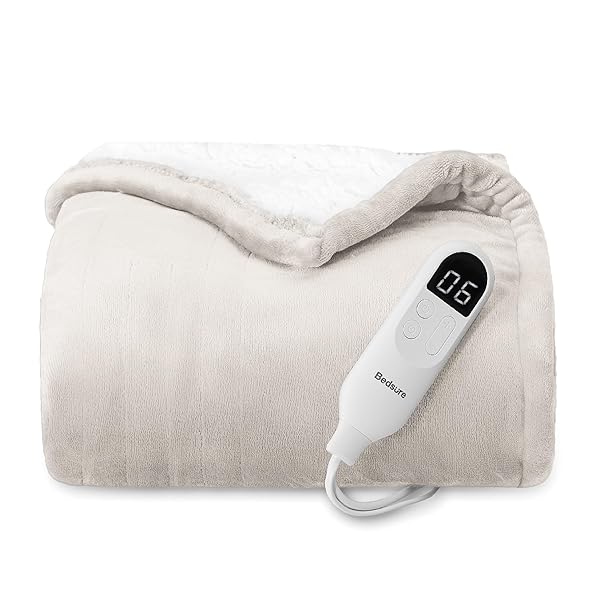 BEDSURE HEATED BLANKET THROW BLANKET – FAST HEATING ELECTRIC BLANKET, SOFT FLANNEL HEATED THROW WITH 4 TIME SETTINGS, 6 HEATING SETTINGS, WARM GIFTS FOR GRANDMA (50X60 INCHES, CREAM)