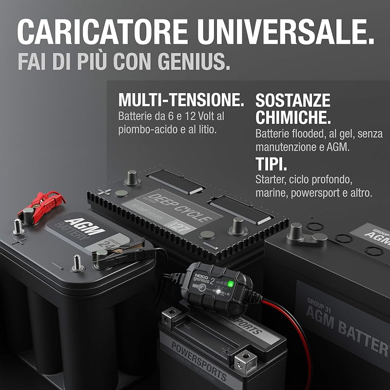 GENIUS2: Caricabatterie Intelligente 2A 6V/12V – Mantenitore di Carica e Desolfatatore con Protezione da Sovraccarico e Compensazione Termica – Per Batterie al Piombo e Litio