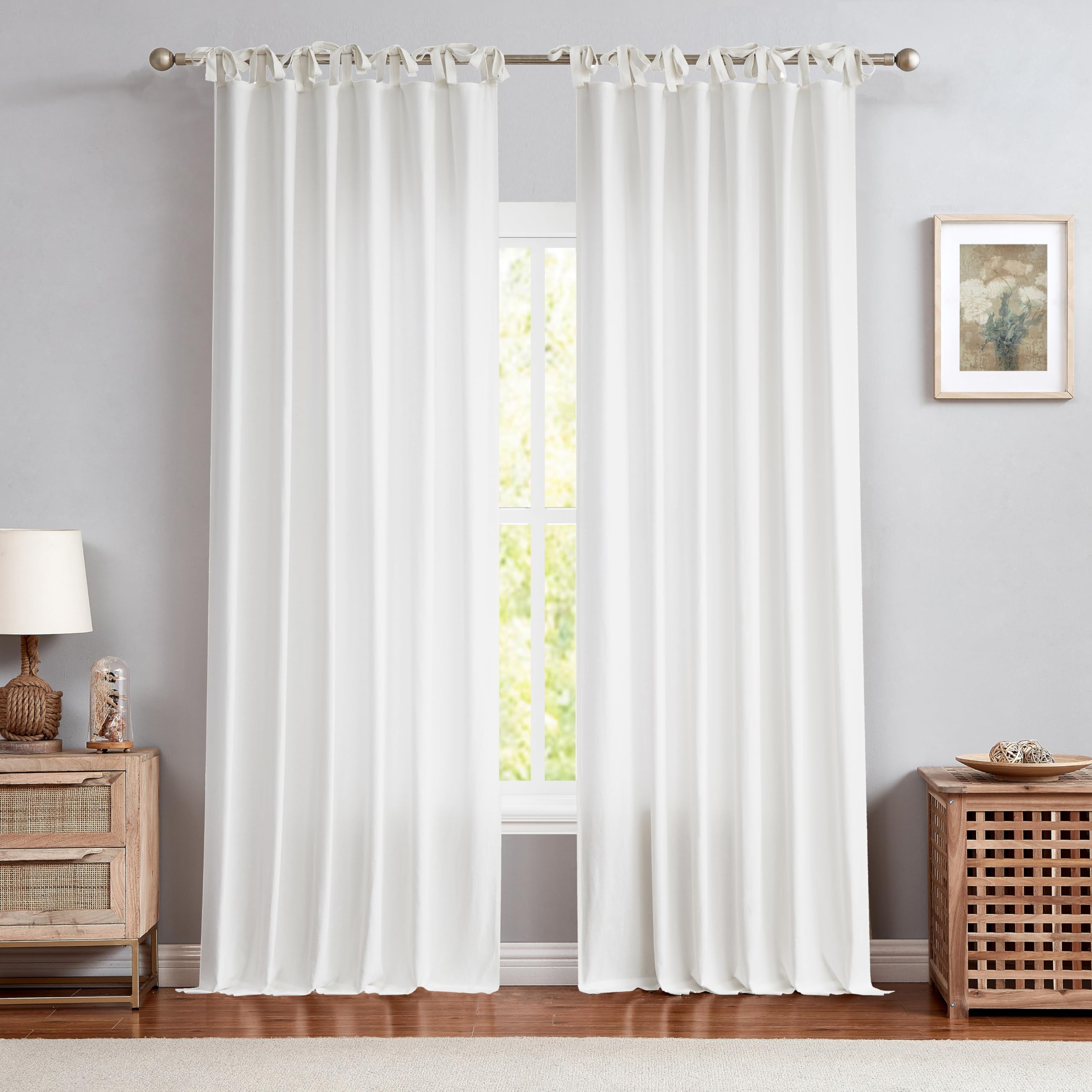 CENTRAL PARK White Tie Top Curtain Semi Sheer Window Treatment Linen Cotton Blend Decorative for Living Room Drape 95 Inch Length Treatment for Bedroom Farmhouse Rustic Curtain, White, 1 Panel