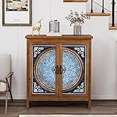 MFSTUDIO Wood Accent Storage Cabinet with 2 Doors, Blue & White Porcelain Pattern Vintage Cabinet Buffet Sideboard Display Ca