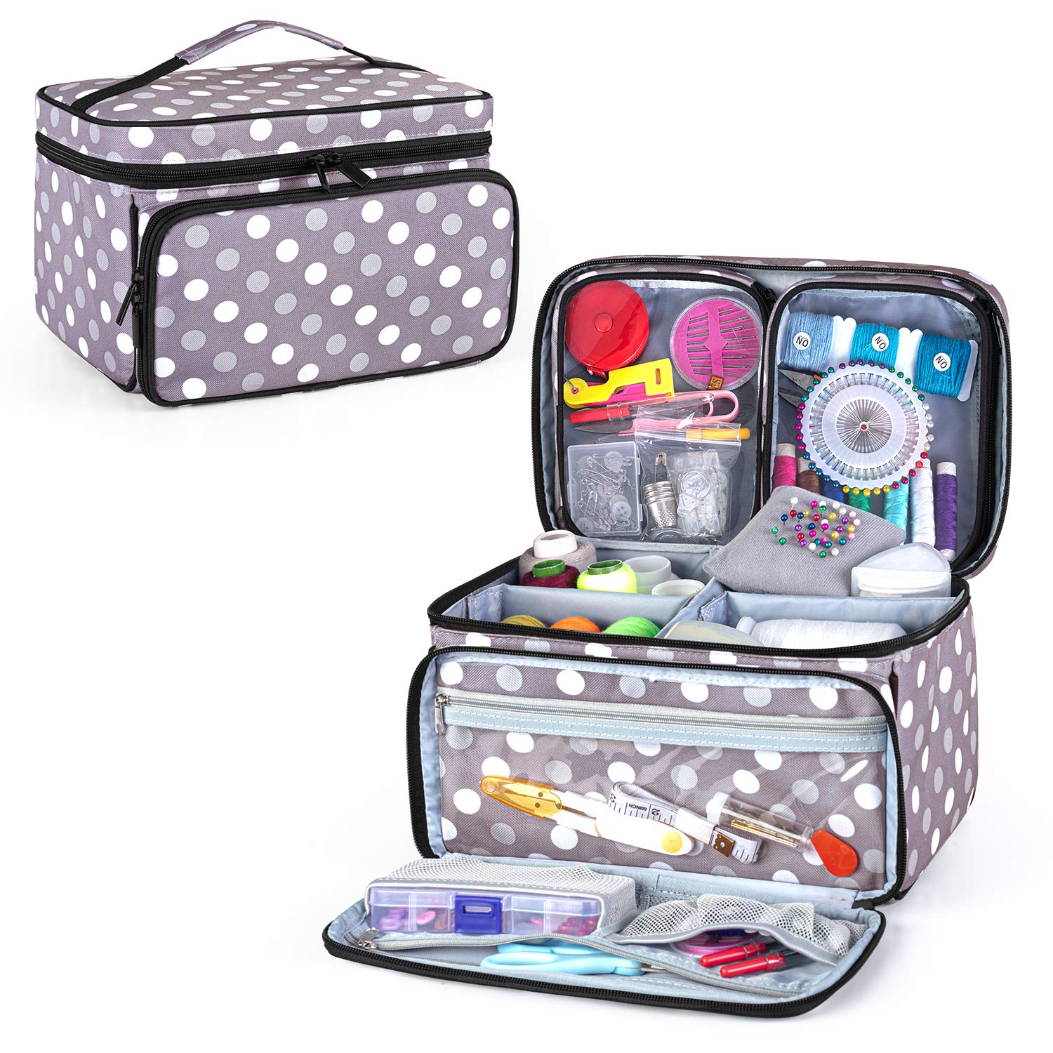 Luxja Sewing Accessories Organiser with 2 Detachable Clear Pockets, Organiser Bag for Thread, Needles, Scissors and Other Sewing Tools (Patent Pending), Grey Dots