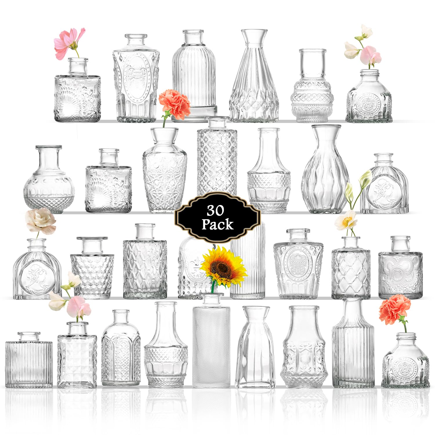Photo 1 of Rollsceray  Vases in Bulk 30, Clear Glass Bud Vases for Centerpieces, Small Vase for Flowers, Mini Vintage Flower Vase for Centerpieces, Wedding Table Decor, Home Decor