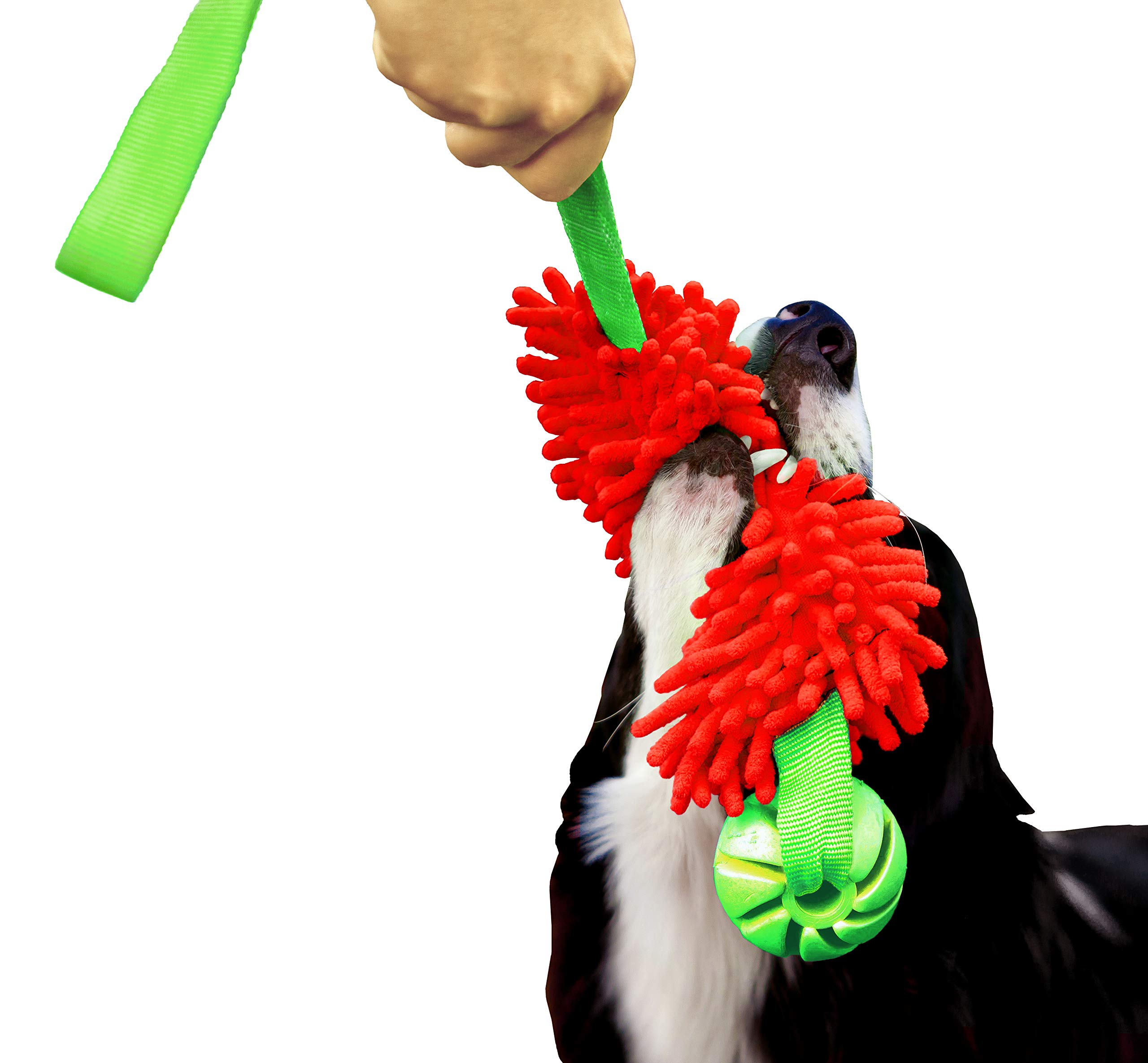 DINGO Floatable Tug Toy with a Flavoured Ball and Bungee Handle, Handmade Dog Chaser for Play, Tug of War, Agility, Fetch, Water Training, Microfiber Red 15588-2