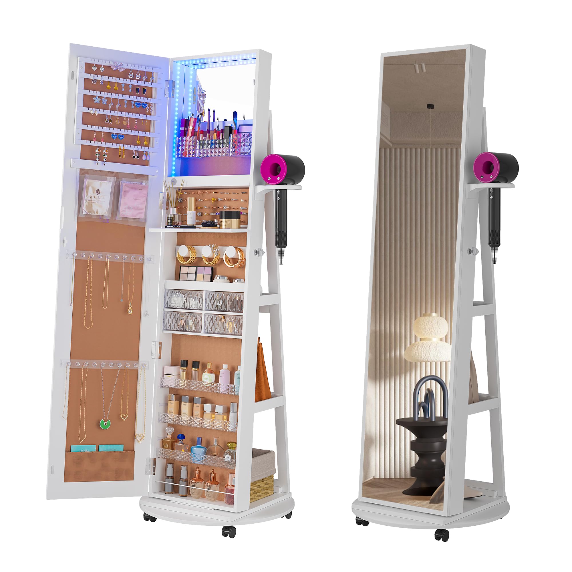 Photo 1 of HNEBC 360° Swivel Jewelry Armoire with Mirror, LED Mirror Jewelry Cabinet Standing, Full Length Mirror with Jewelry Storage, Standing Jewelry Organizer/Lockable Wheels/Foldable Makeup Shelf (C-White)