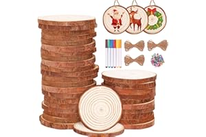 Max Fun Natural Wood Slices 30Pcs 2.4-2.8'' Craft Wood Kit Christmas Ornaments Unfinished Predrilled with Hole Wooden Circles for Arts and Crafts Christmas Holiday Ornaments DIY Crafts