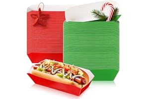 Yeaqee 100 Pcs 7" Paper Hot Dog Trays Christmas Disposable Paper Food Nacho Boats Hot Dog Holders Food Plates Disposable Serving Trays for Xmas, Parties, Dinner, Cookouts(Red, Green)