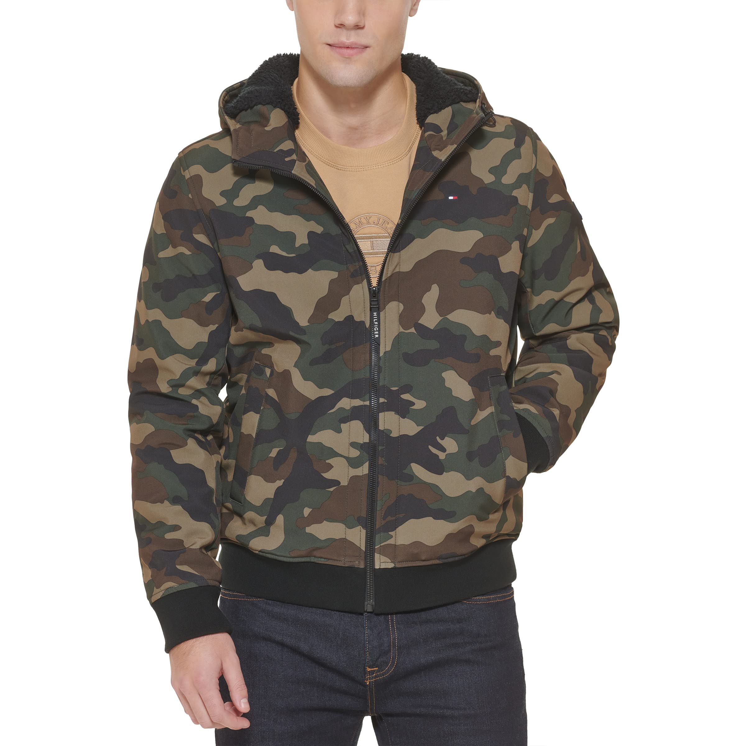Tommy Hilfiger Men's Soft Shell Active Filled Bomber Jacket, Camo Sherpa Lined w. Patch, X-Large Image