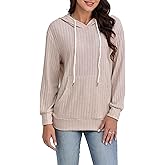 Redomo2025，Women's Ribbed Knit Pullover Hoodie, Beige, Long Sleeve, Casual Drawstring Sweater with Kangaroo Pocket，RES2406026