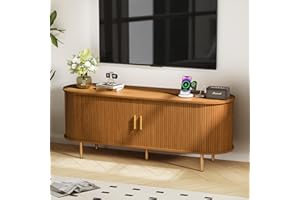 DHH 55 Inch Mid Century Modern TV Stand with Power Outlet for TVs up to 60 Inch, Entertainment Center with Storage and Adjustable Shelves, Media Console with Sliding Doors for Living Room(Yellow)