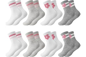 Coumy 8 Pairs Kids Cotton Socks for Girls Boys with Stripes Floral Crew Sports Sock Athletic Junior Casual Stretchy Sock