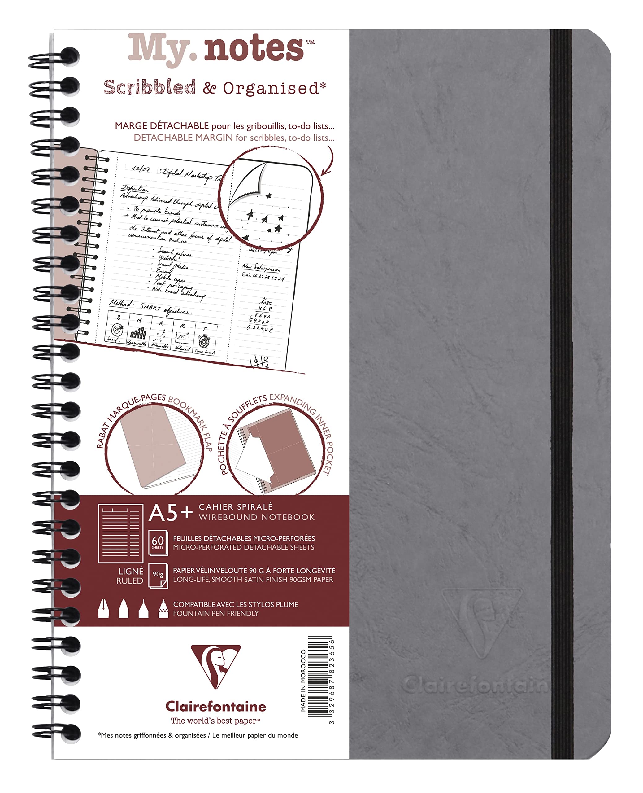 Clairefontaine 782365C Collection Age Bag MyNotes Grey Spiral Notebook w/ Margins A5+ 16x21cm - 120 Ruled Detachable Pages - 90gsm White Paper - Leather Cover