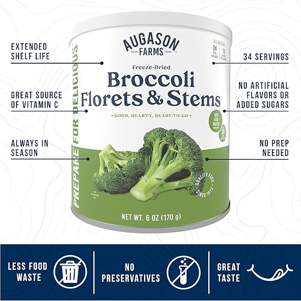 FREEZE DRIED BROCCOLI FLORETS AND STEMS EMERGENCY FOOD SUPPLY, 34 SERVINGS, 30 YEAR SHELF LIFE, GOOD SOURCE OF VITAMIN C – DEHYDRATED MEALS, SURVIVAL FOOD CAMPING ESSENTIALS CAN