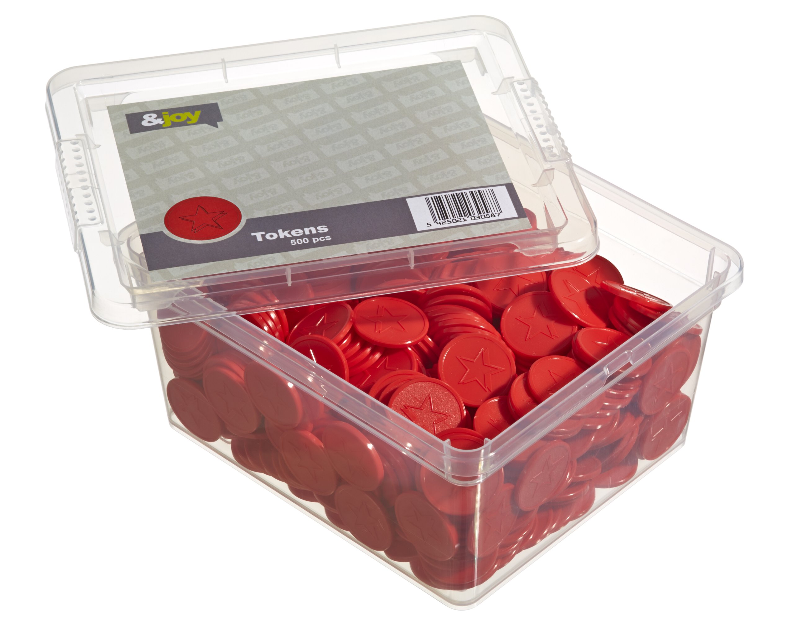 En-Joy Red Star Event Tokens - 500 Reusable Plastic Coins, 29mm, Kid, Includes Storage Box