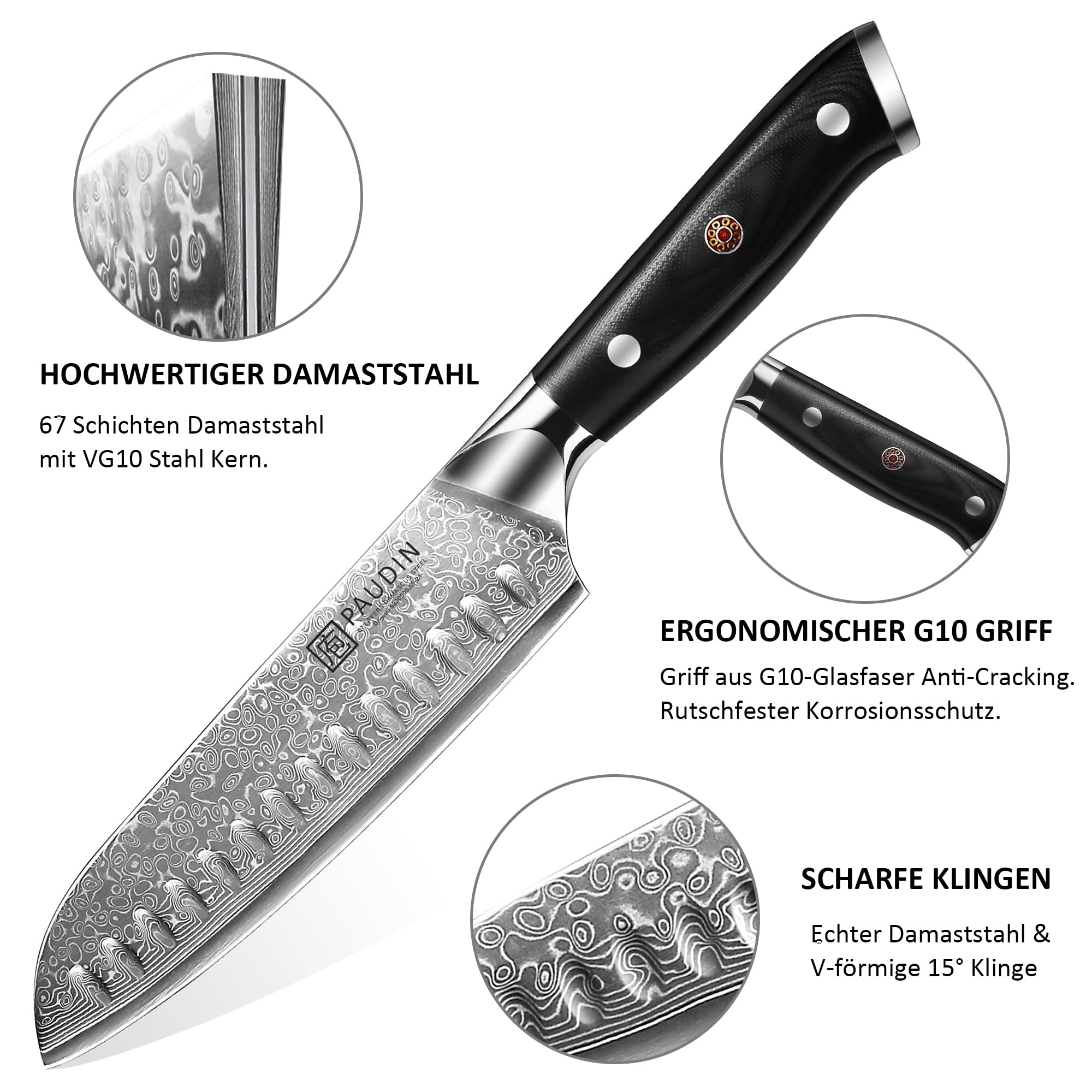 PAUDIN Santokumesser Damastmesser 17 cm, Ultra Scharfes Kochmesser aus 67 Lagen Damaststahl mit japanischem VG10- Kern, Profi Küchenmesser mit ergonomischem G10-Griff 4