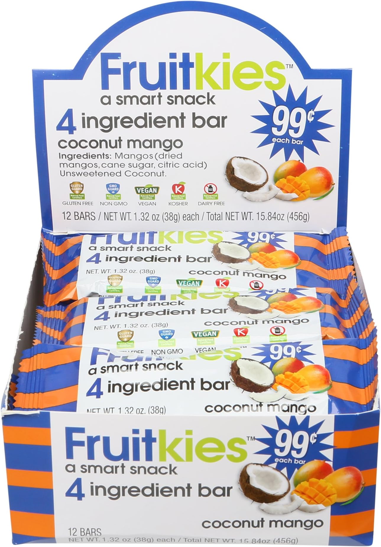 Fruitkies 4 Ingredient Healthy Fruit Snack Bars, | Certified Non-GMO, Vegan, Dairy Free, Gluten Free, Kosher | 1.32-Ounce 12 Bars per Box (Coconut Mango, 12 Count)