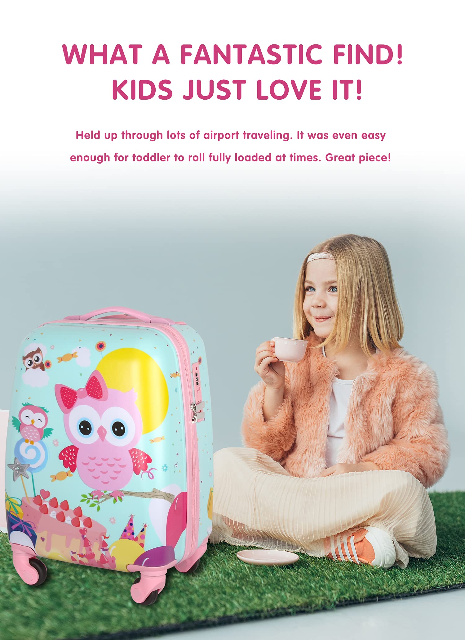 Lttxin Cute Kids Suitcase Pull Along Travelling Luggage With 4 Wheel for Girl Hard Shell 18 inch Owl