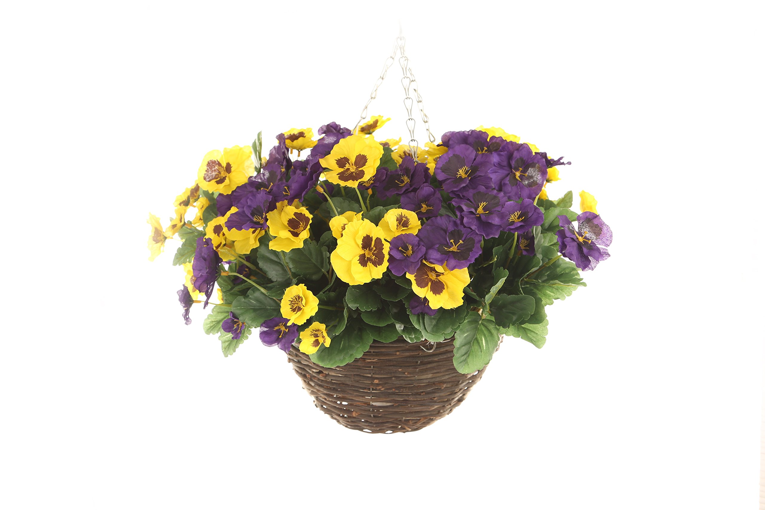 Closer2Nature Artificial Purple and Yellow Pansy Display in a 10" Round Willow Hanging Basket